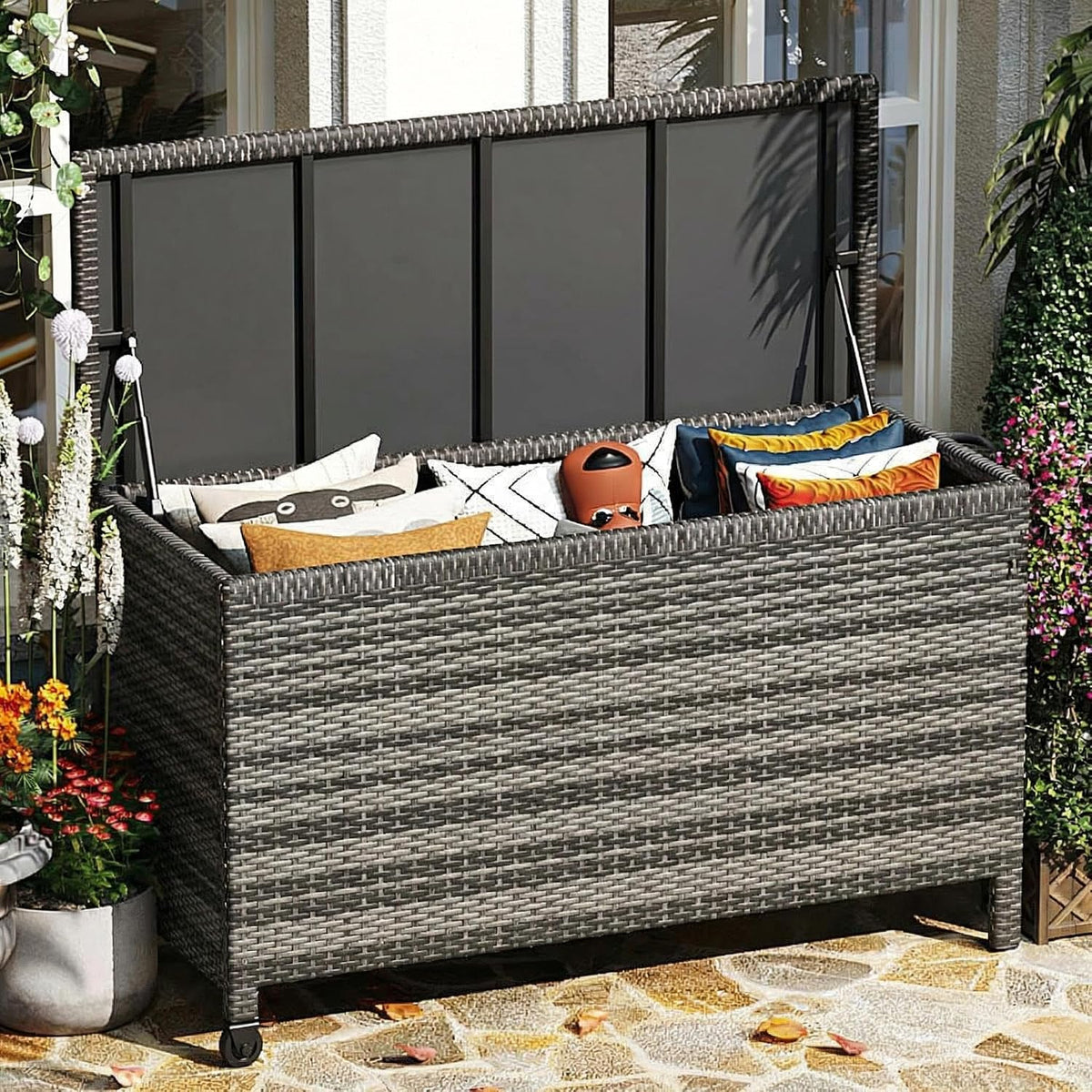 wicker deck box, 185 gallon all-weather outdoor storage, main product view