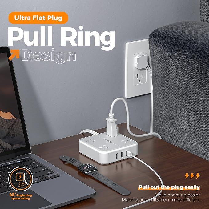 Flat Plug Surge Protector Power Strip, TESSAN 5 ft Extension Cord - Image 4