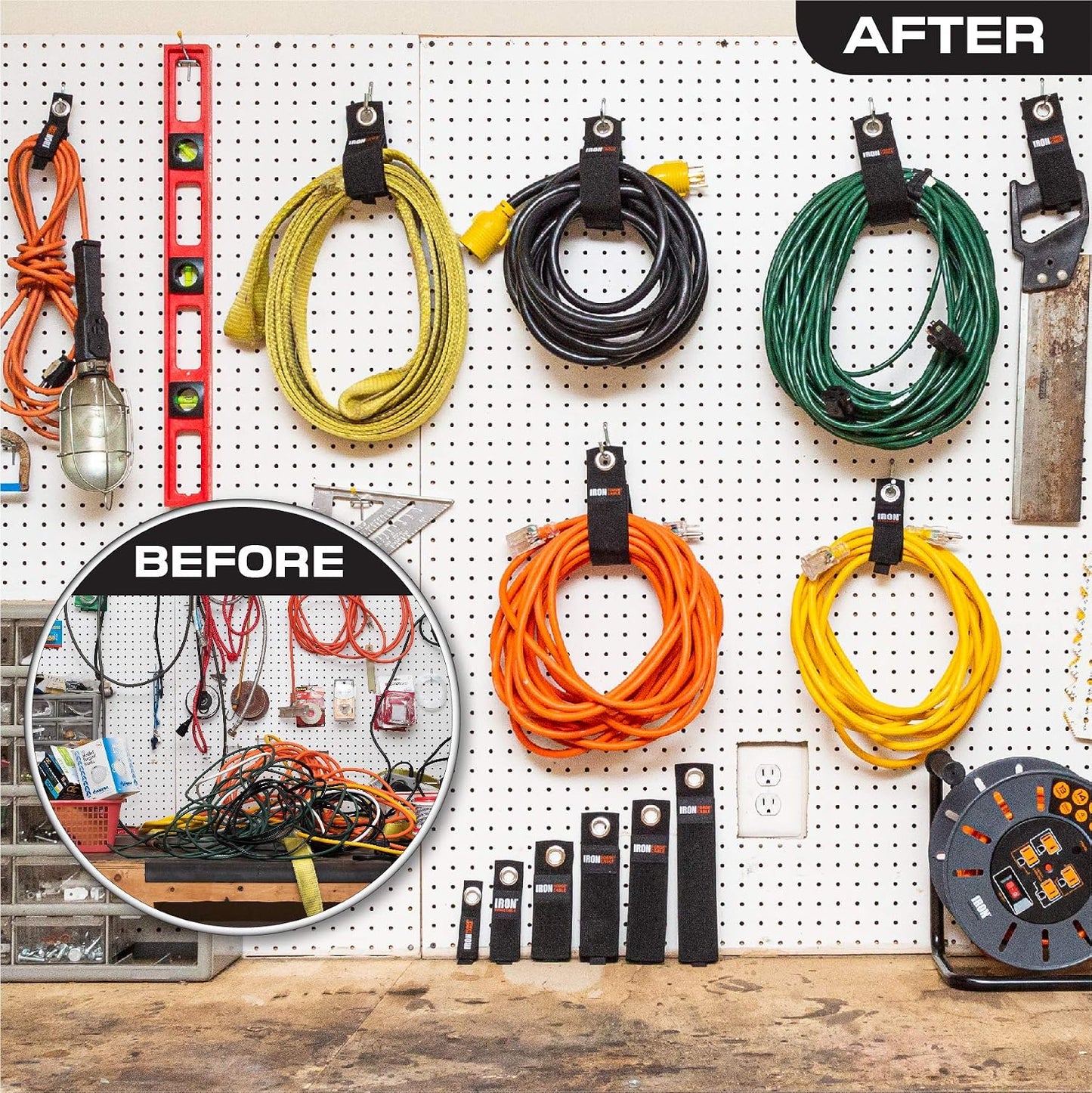 Iron Forge Cable Extension Cord Wrap Organizer, 12 Pack Storage Straps | Multi-Pack, 3 small, 3 medium, 3 large, and 3 XL, Hanger Wraps for Power Cables, Hoses, Ropes, and More