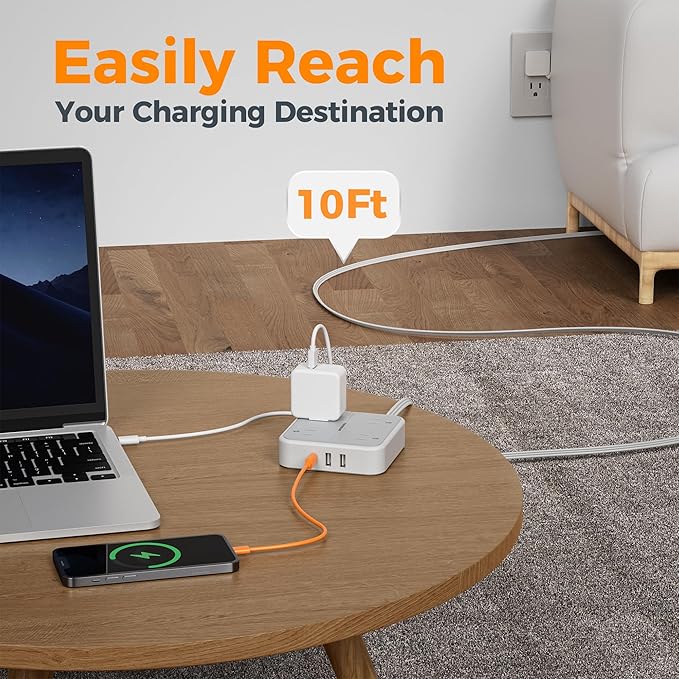 Extension Cord 10 ft, TESSAN Surge Protector Power Strip Long Cord - Image 3