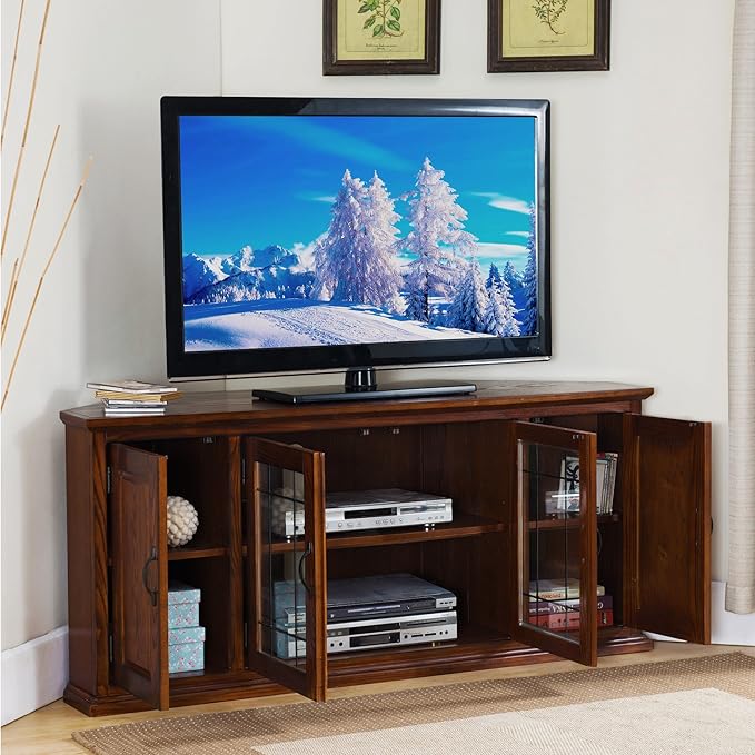 Leick Home Riley Corner TV Stand 60 in, Burnished Oak, Solid Wood, Beveled - Image 7