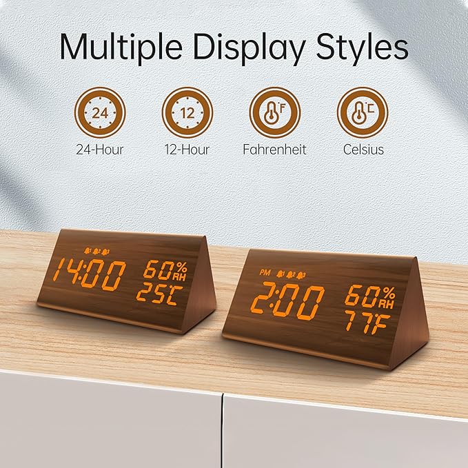 JALL Digital Alarm Clock, with Wooden Electronic LED Time Display, 3 Alarm - Image 6