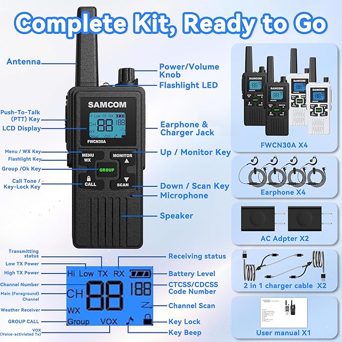 SAMCOM FWCN30A Group Walkie Talkies Long Range, Rechargeable 1250mAh Battery 22 - Image 8