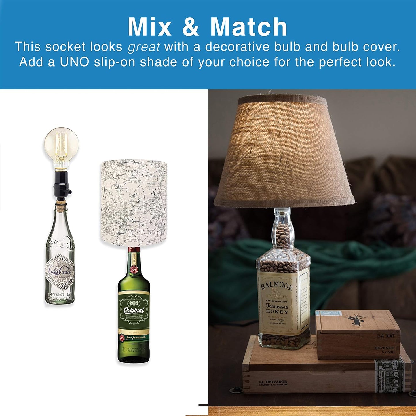 Bottle lamp kit, with 9mm Glass Drill bit, Works with Wine Bottle or Any Other Glass Liquor Bottles, UNO Slip-on Socket 8 ft Black Cord UL Listed lamp Wiring Parts.