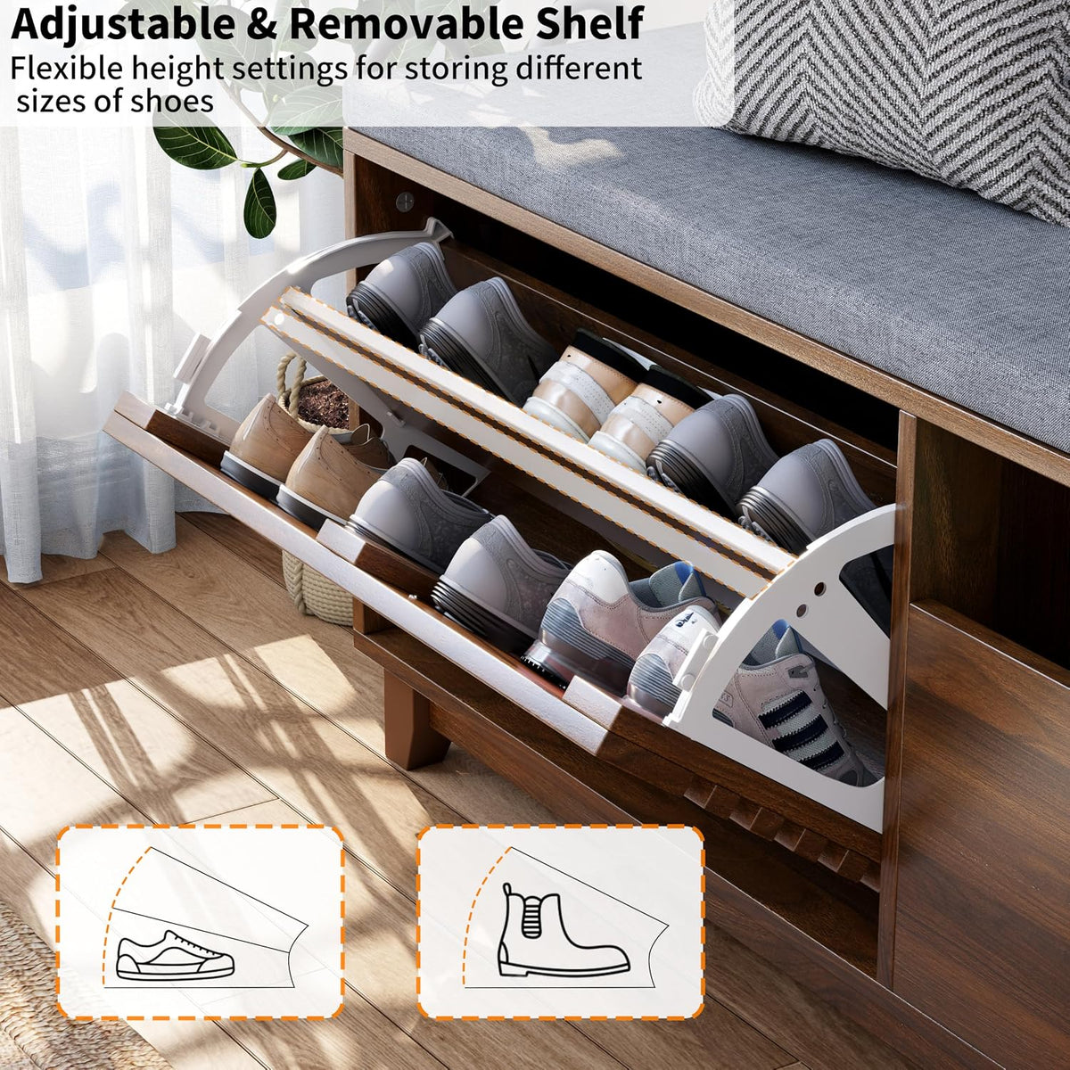 loomie 47.2" shoe storage bench with flip drawer, side view