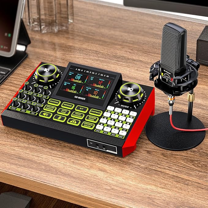 Podcast Microphone Bundle with Live Sound Card Audio Mixer, Podcast Equipment by tenlamp