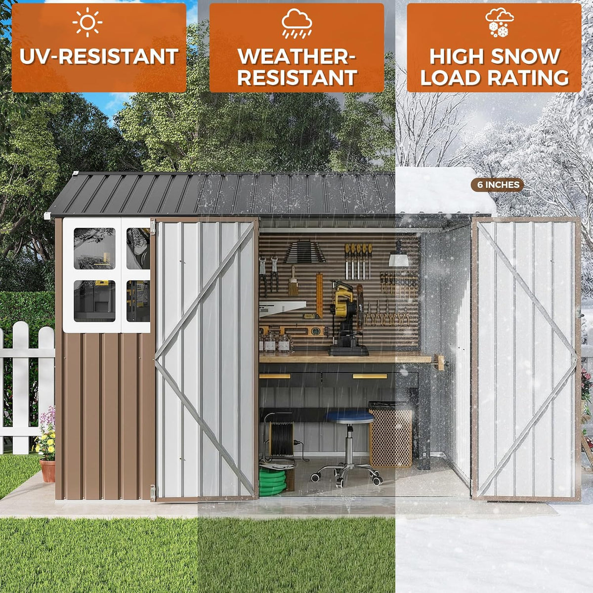 ironck 8x6ft outdoor storage shed with clear window on a desk or shelf