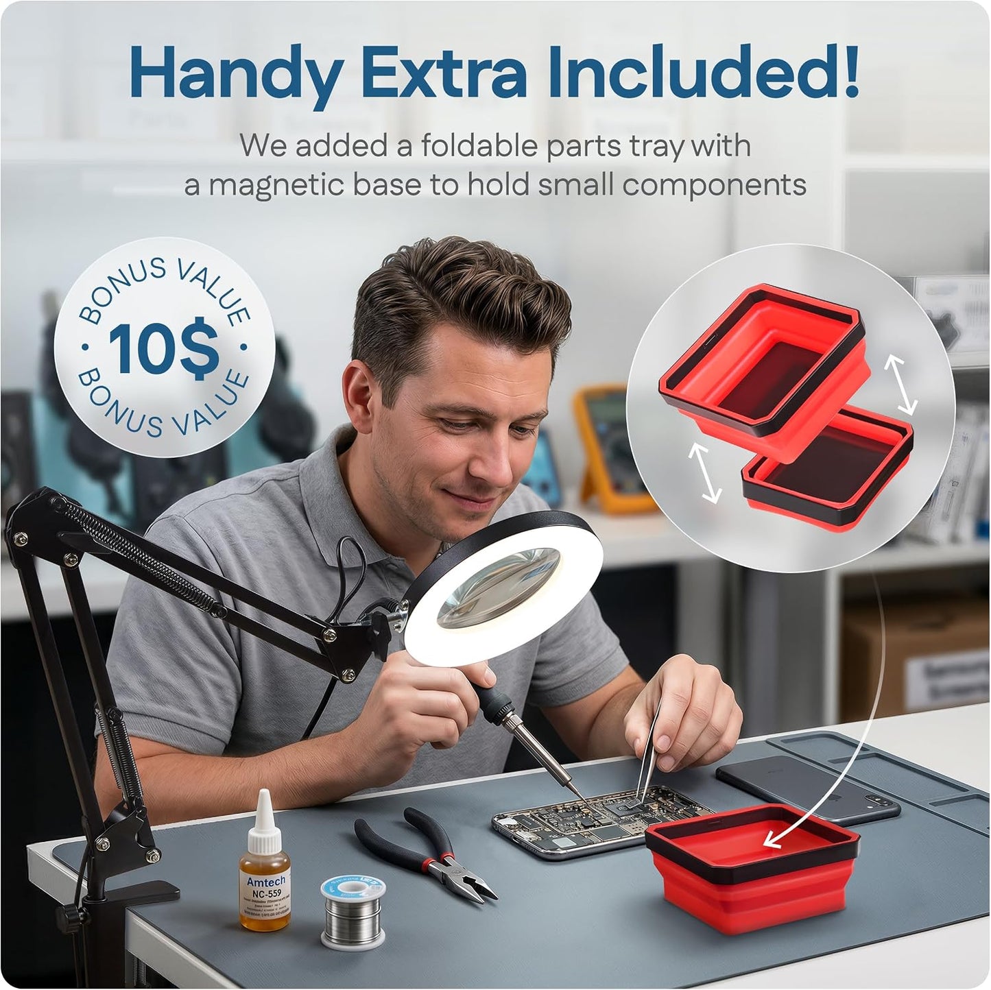 10X Magnifying Lamp - Desk Magnifying Glass with Light, Lighted Magnifying Glass with Stand, Magnifying Light, 5 Color Modes, 2 Mounting Options, USB Cable, Adapter & Magnetic Tray, Black