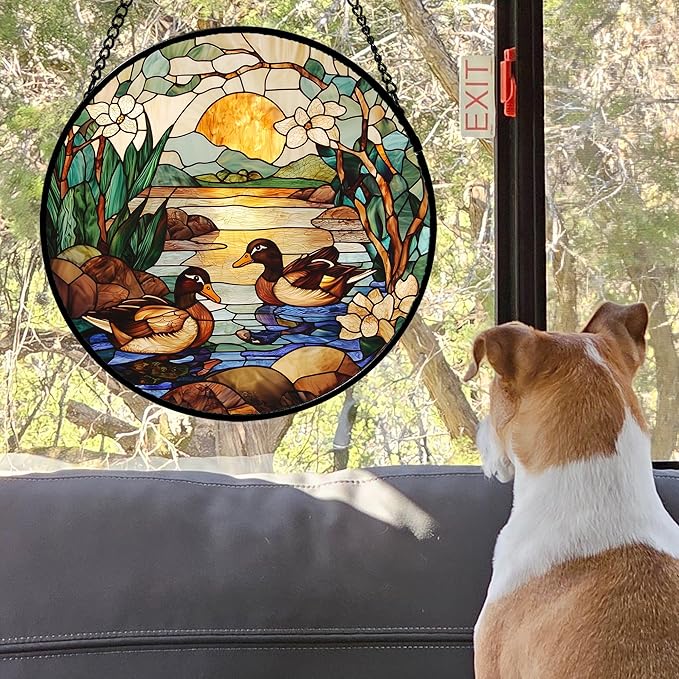 AMDERVEN Stained Glass Window Hanging, Ducks in The Pond Sun Catcher - Image 2