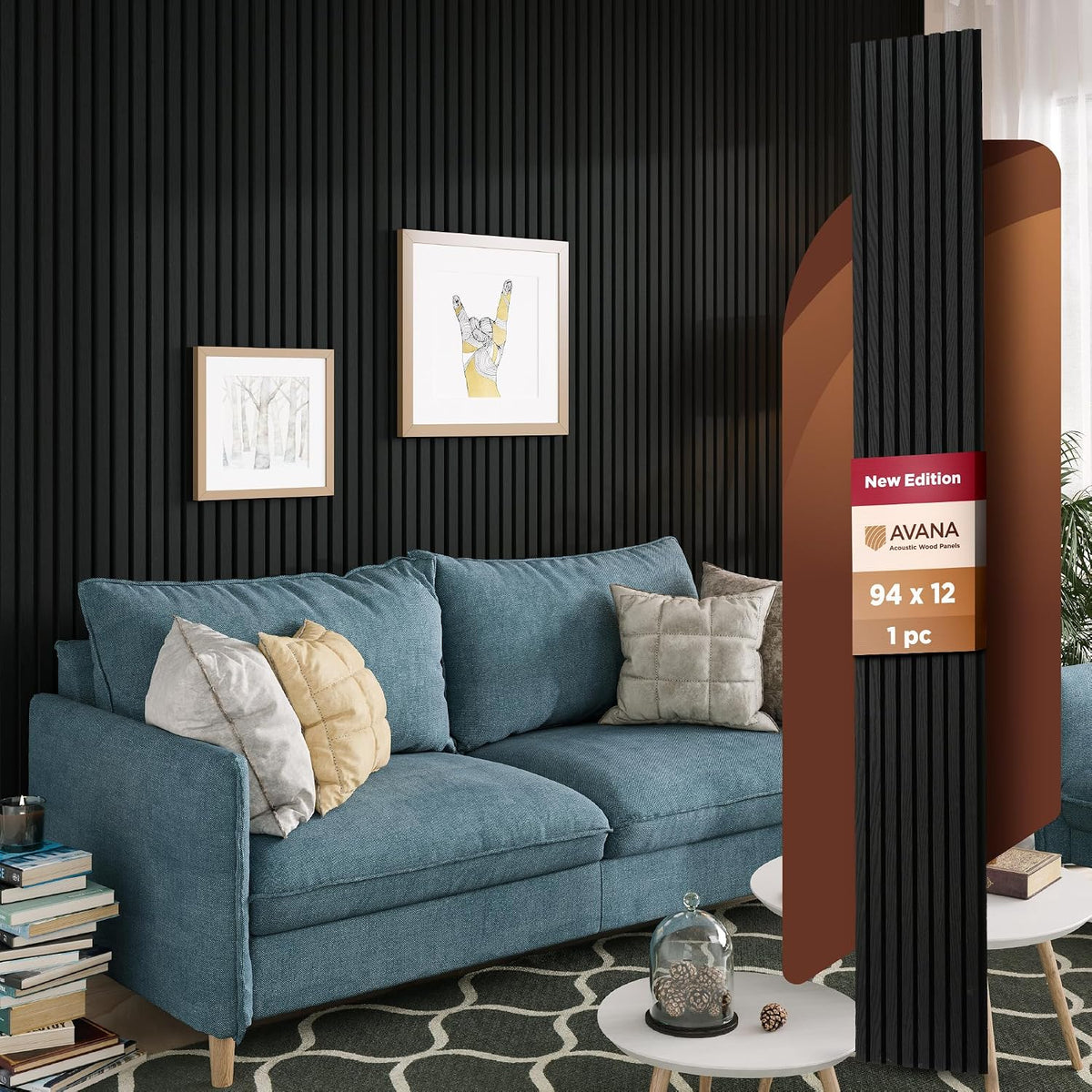 Avana Modern Acoustic Wood Wall Panels – 94.4 x 12.6 Inch Black Oak Acoustic