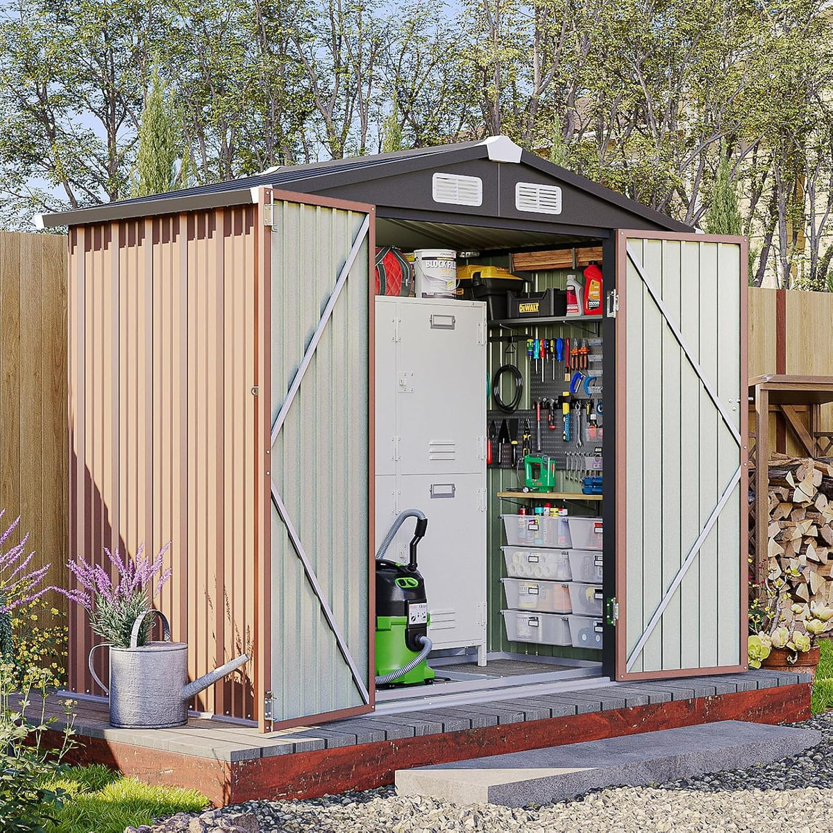 6x4ft outdoor storage shed with base brown, main product view