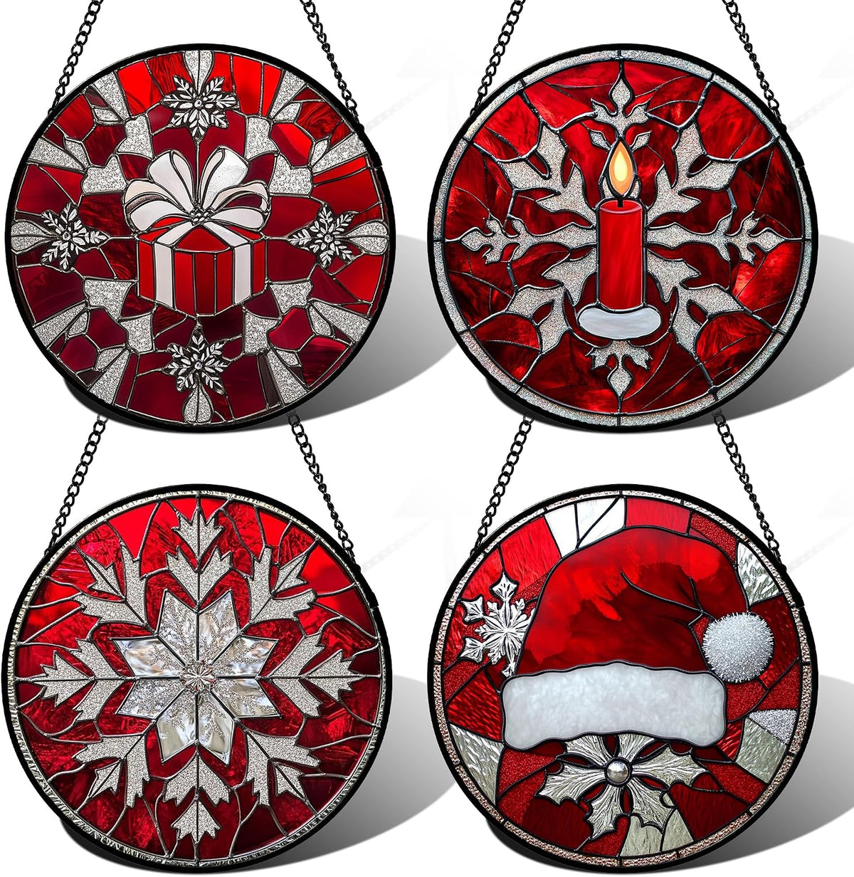 DASTOLL Stained Glass Window Hanging 4 Pcs Set Red Christmas Decorations Theme