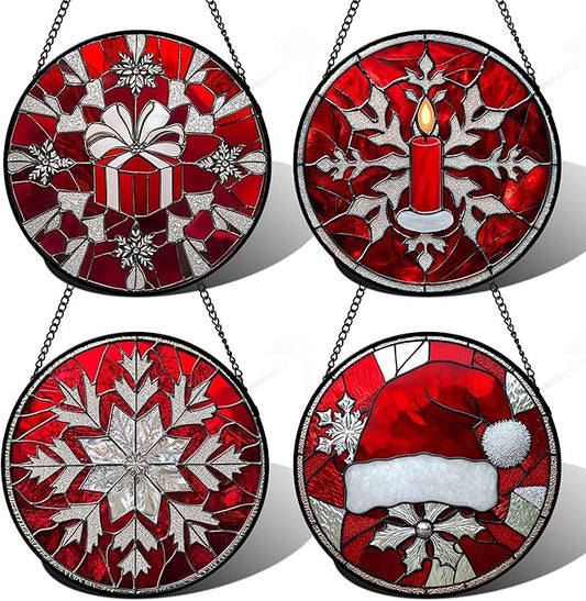 DASTOLL Stained Glass Window Hanging 4 Pcs Set Red Christmas Decorations Theme by DASTOLL