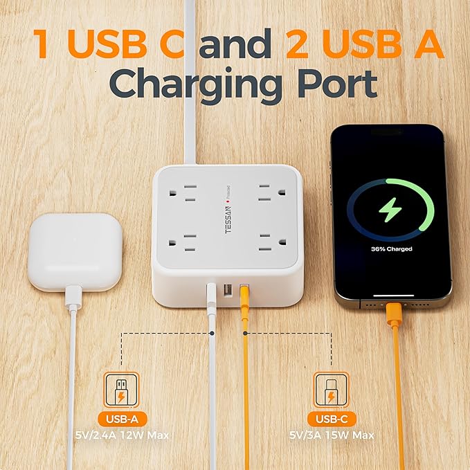 TESSAN Surge Protector Power Strip, 5 Ft Flat Plug Extension Cord - Image 4