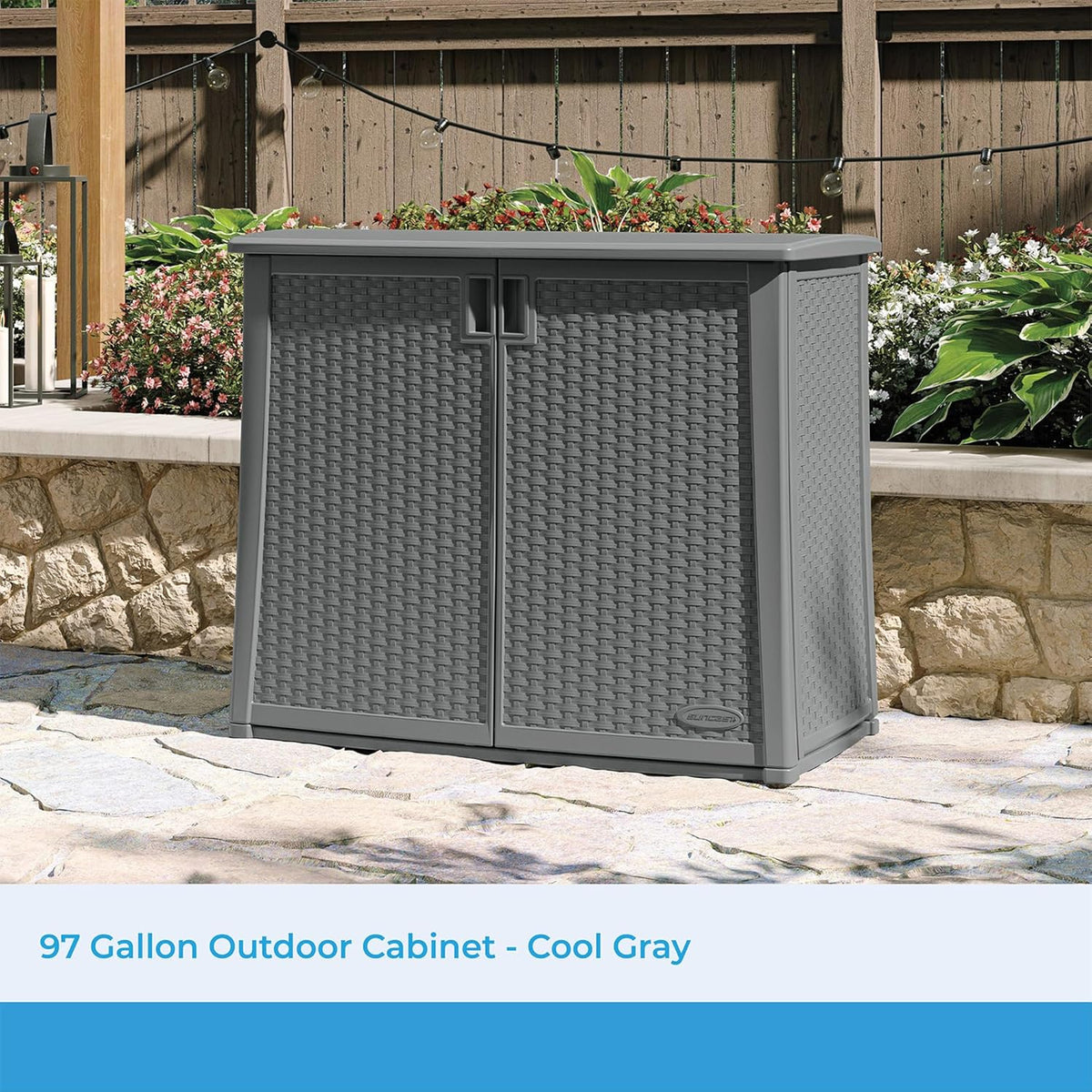 suncast lockable outdoor cabinet storage for patio, garden shown in use