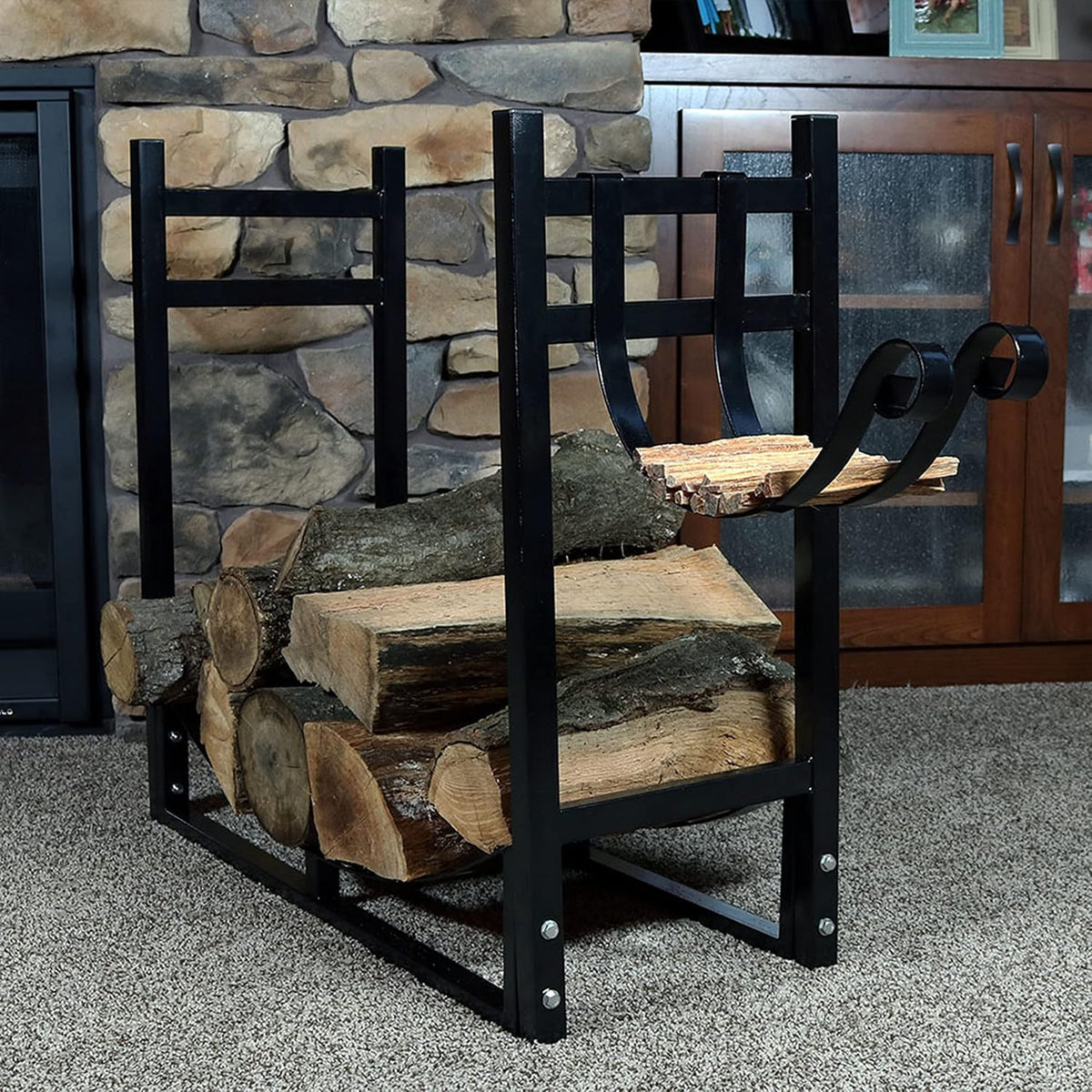 sunnydaze 33" indoor firewood rack with kindling log on a desk or shelf