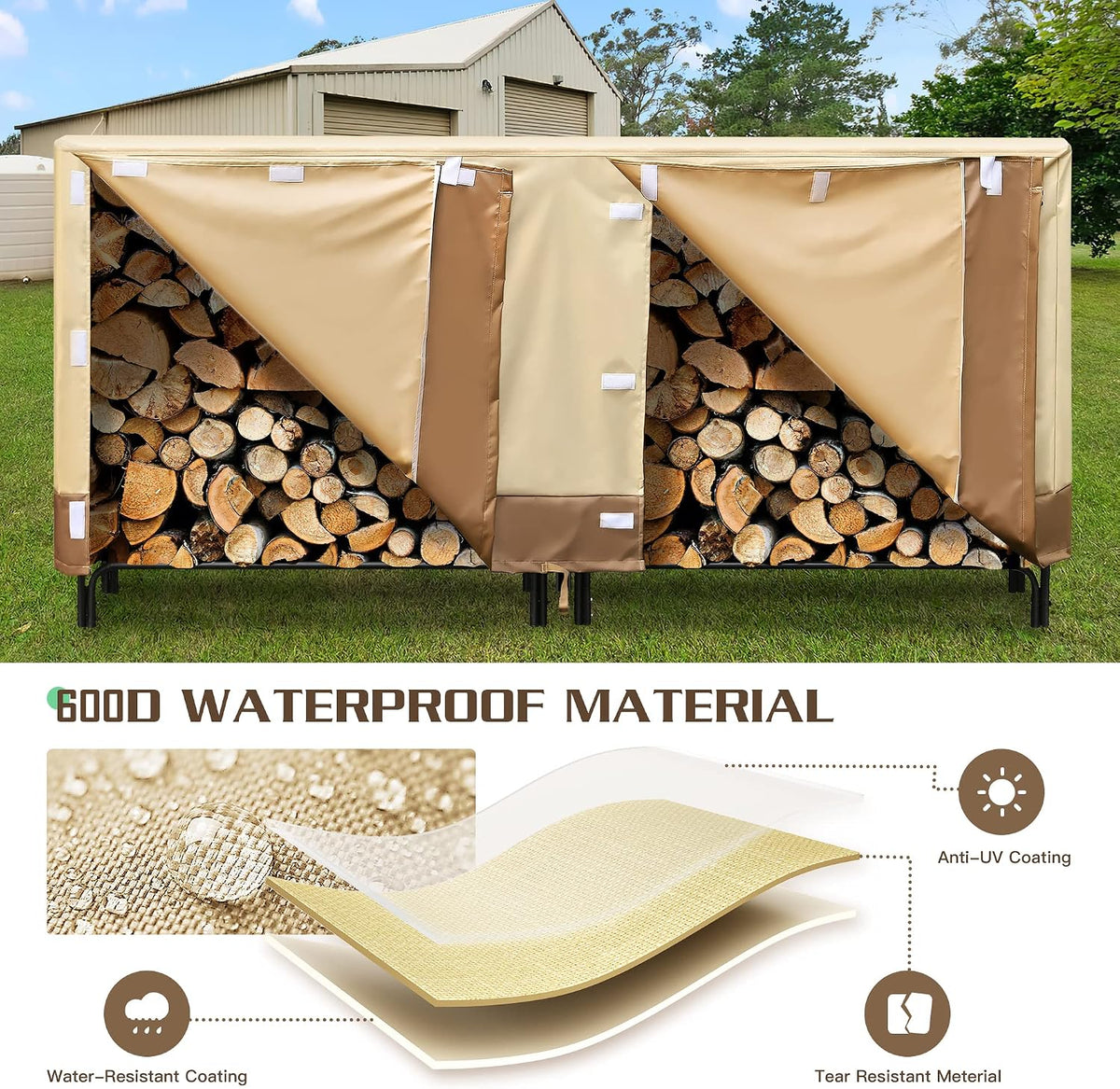 8ft firewood rack cover, 600d oxford heavy duty shown in use