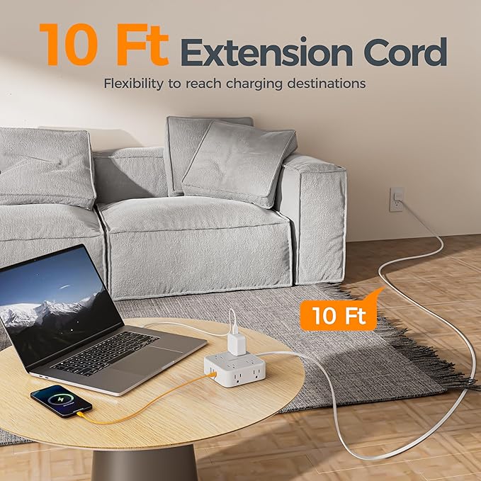 TESSAN 10 Ft Surge Protector Power Strip, 3 USB 8 Outlets, Flat Plug Extension - Image 3