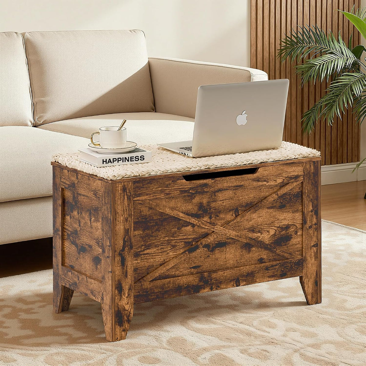 vecelo 30" storage bench with handwoven wicker cushion, main product view