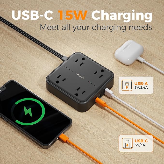 Surge Protector Flat Extension Cord 15FT, TESSAN Flat Plug Power Strip - Image 4