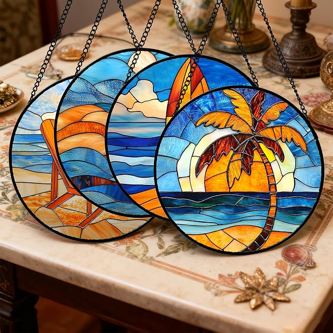 DASTOLL Stained Glass Window Hanging 4 Pcs Set Blue Orange Ocean Beach Theme - Image 2