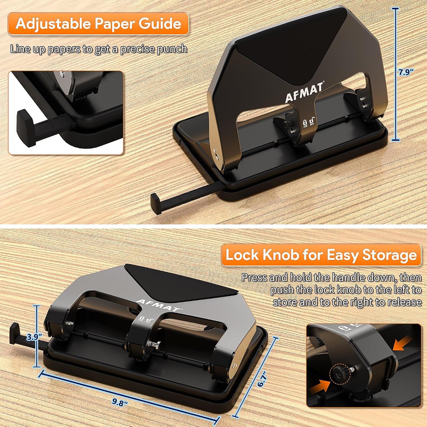 AFMAT Heavy Duty 3 Hole Punch, 50-Sheet Capacity, 50% Reduced Effort Three Hole Puncher for Binder, 10K+ Uses, Large Chip Tray, Adjustable Paper Guide, Office Metal Paper Puncher 3 Ring HP20(Black)