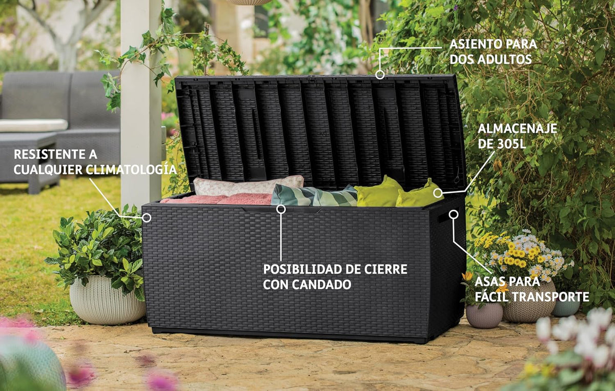 keter capri – outdoor storage chest, capacity 305l shown in use