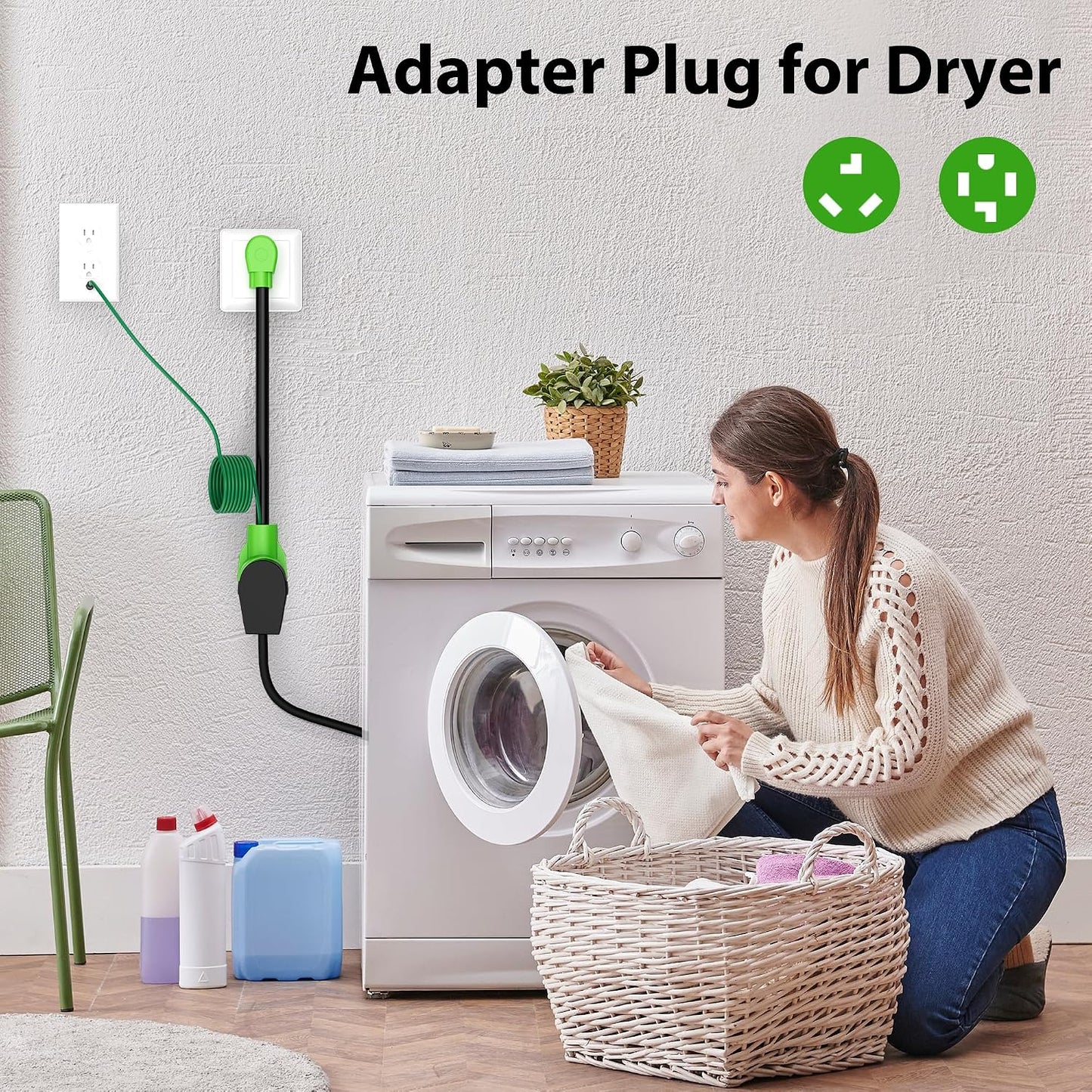 4 Prong to 3 Prong Dryer Plug Adapter with Green Ground Wire, 4-Prong New Dryer Female to 3 Prong Old Dryer Male Receptacle, 10-30P to 14-30R Dryer Adapter, 10AWG, STW, 2FT
