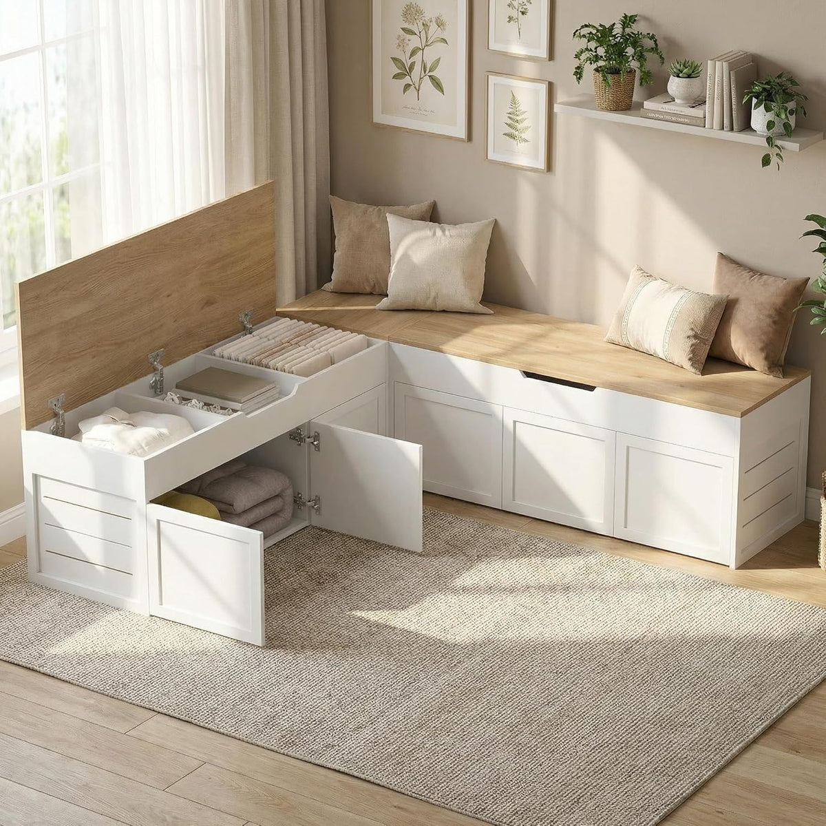 kikihouse l-shaped corner storage bench, backless wood bench, main product view