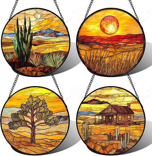 DASTOLL Stained Glass Window Hanging 4 Pcs Set Desert Sunset Theme Landscape by DASTOLL