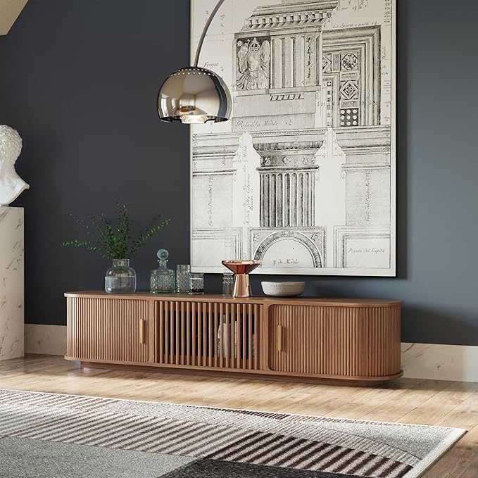 POVISON Fully-Assembled Mid-Century Modern Tambour Door TV Stand, Wood TV by POVISON