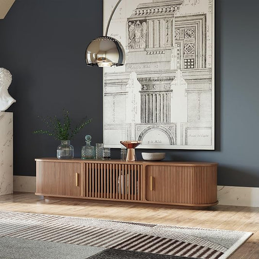 POVISON Fully-Assembled Mid-Century Modern Tambour Door TV Stand, Wood TV by POVISON