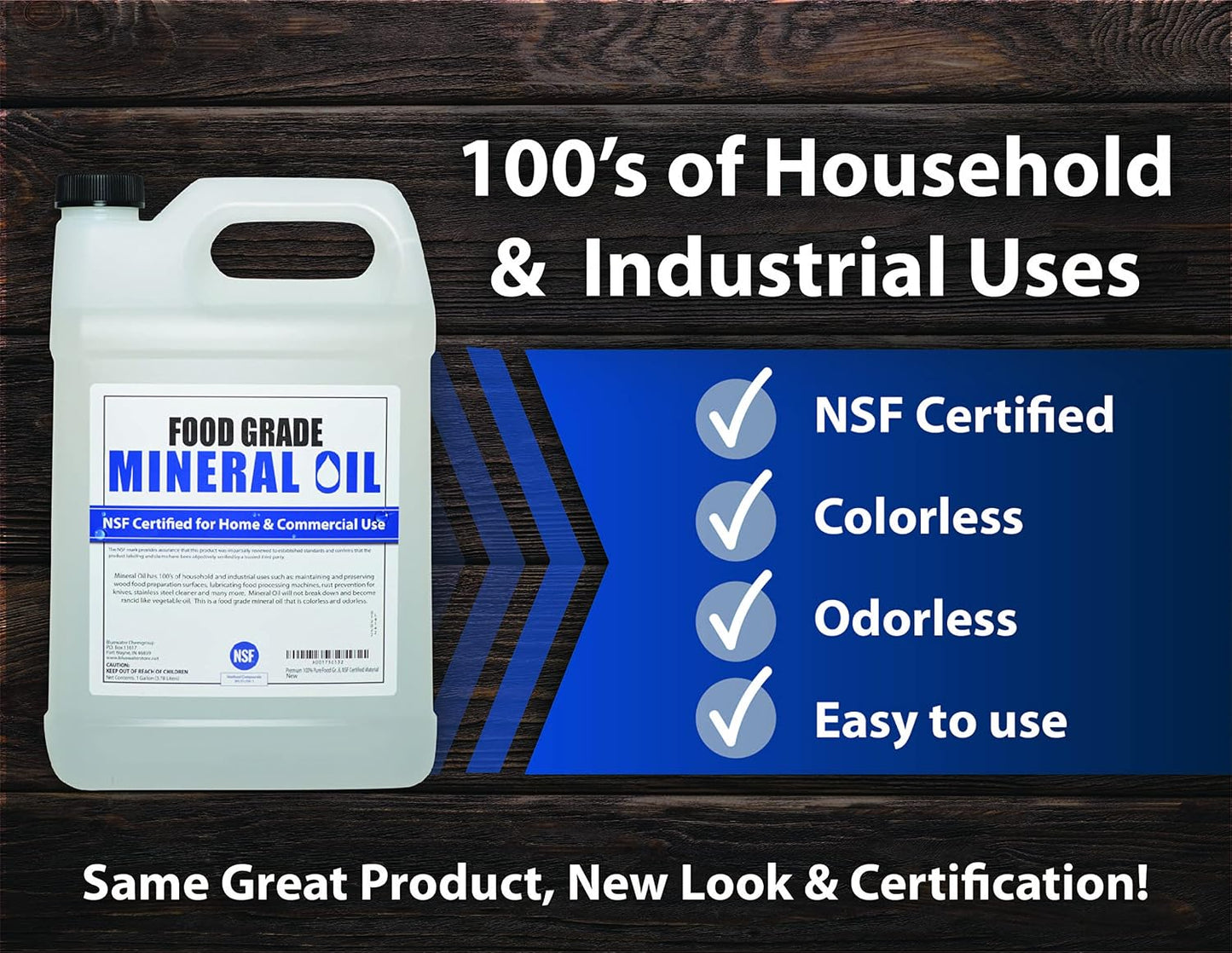 NSF Certified Food Grade Mineral Oil - Gallon (128oz), Certified Food Safe Conditioner for Wood Cutting Boards, Butcher Blocks and Stainless-Steel Kitchen Equipment