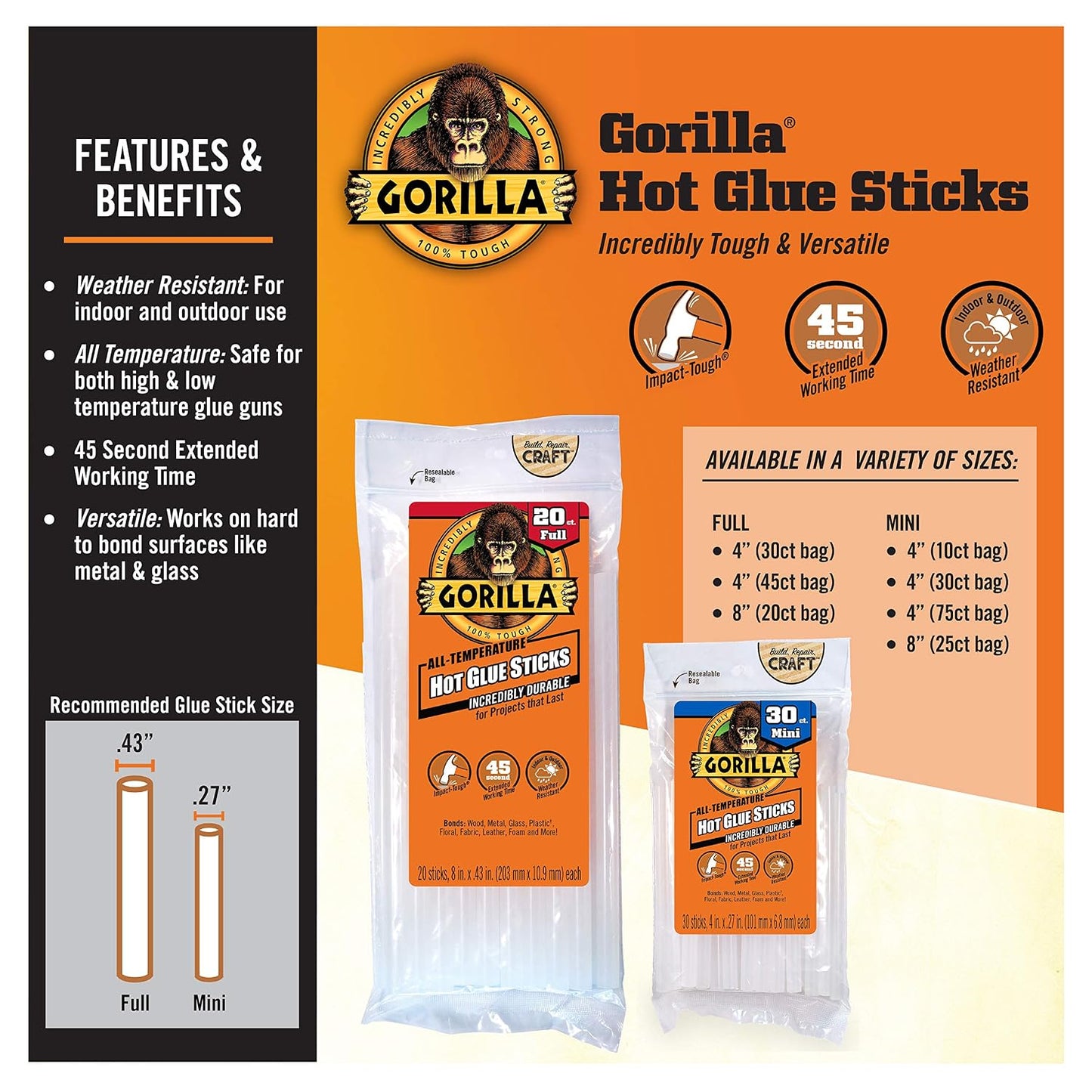 Gorilla Hot Glue Sticks, Clear, Mini 4" x 0.27", 75 Count, 2-Pack | Extended Working Time, Safe for All Temperatures, Bonds Wood, Plastic, and Metal