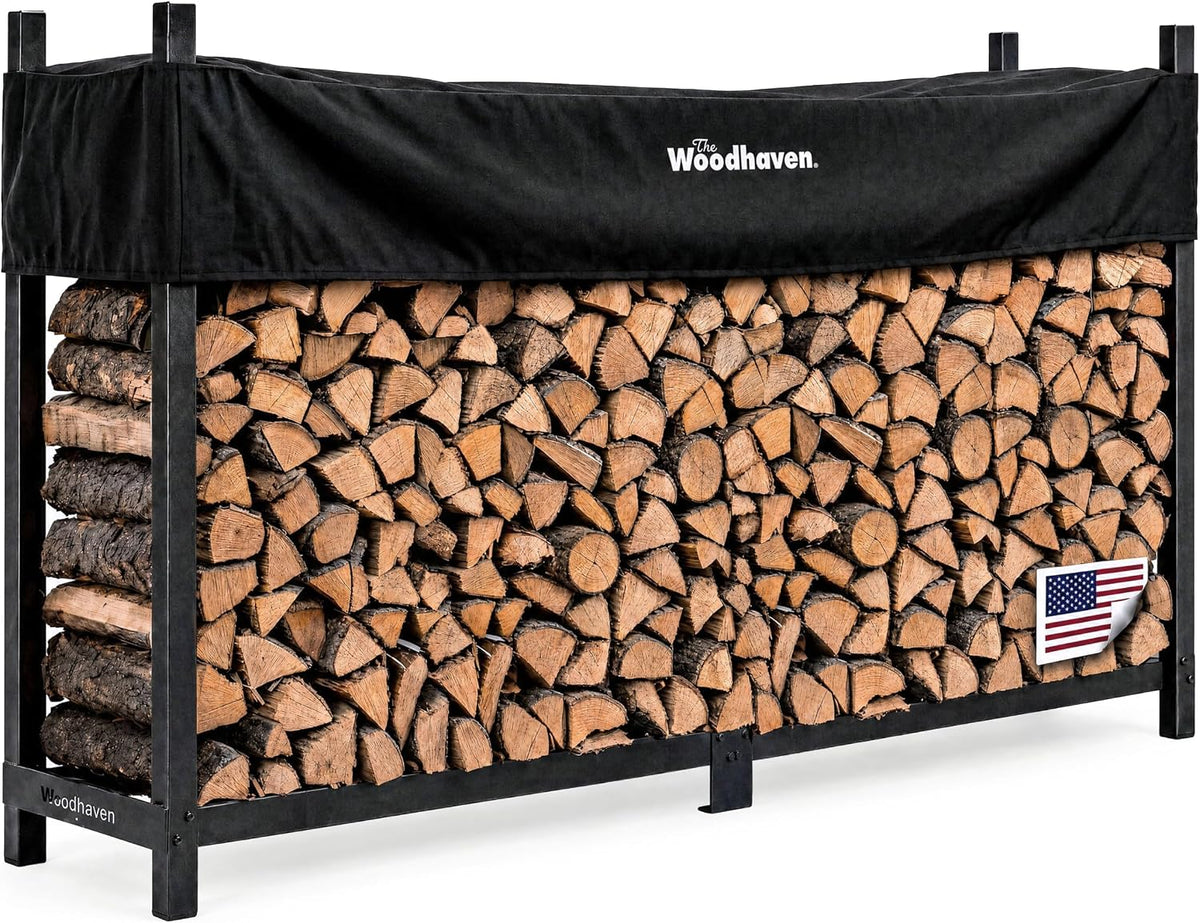 woodhaven 8-foot raised firewood rack w/cover, 1/2 cord, main product view