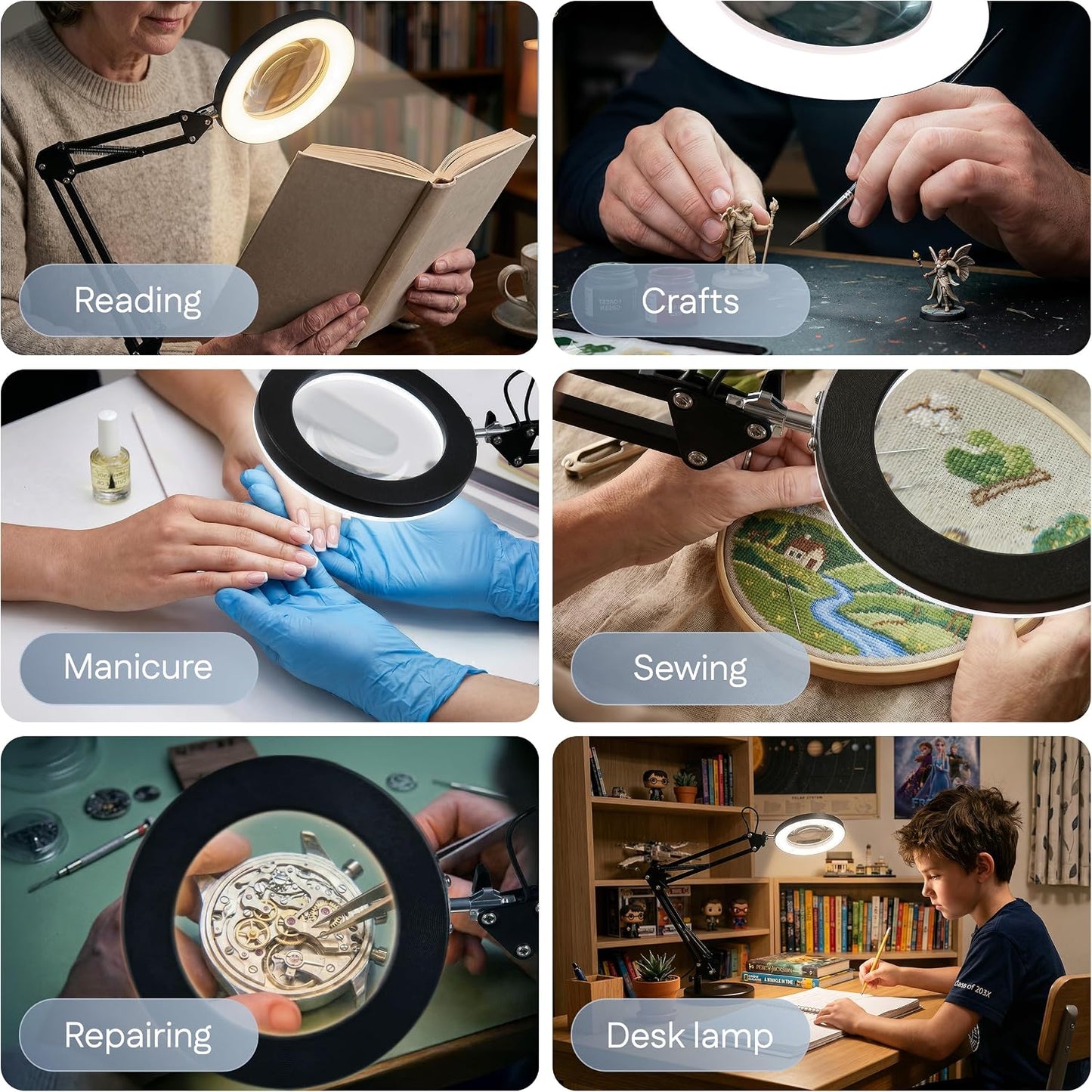 10X Magnifying Lamp - Desk Magnifying Glass with Light, Lighted Magnifying Glass with Stand, Magnifying Light, 5 Color Modes, 2 Mounting Options, USB Cable, Adapter & Magnetic Tray, Black