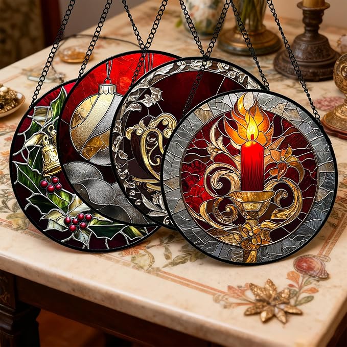 AMDERVEN Stained Glass Window Hanging 4 Pcs Set Christmas Golden Bell Sleigh - Image 2