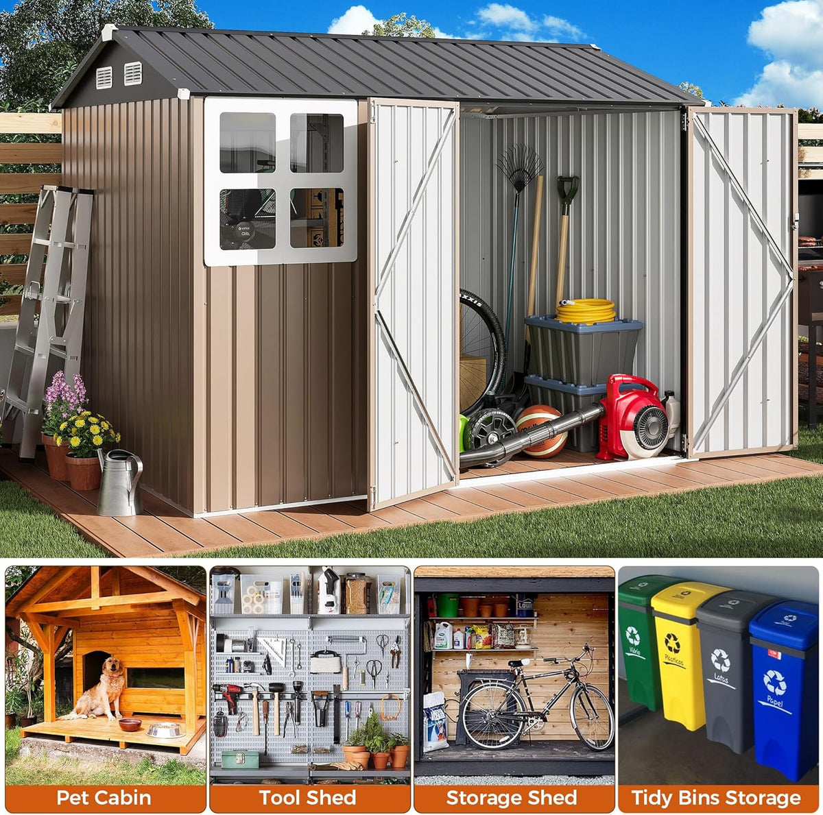 ironck 8x6ft outdoor storage shed with clear window, side view