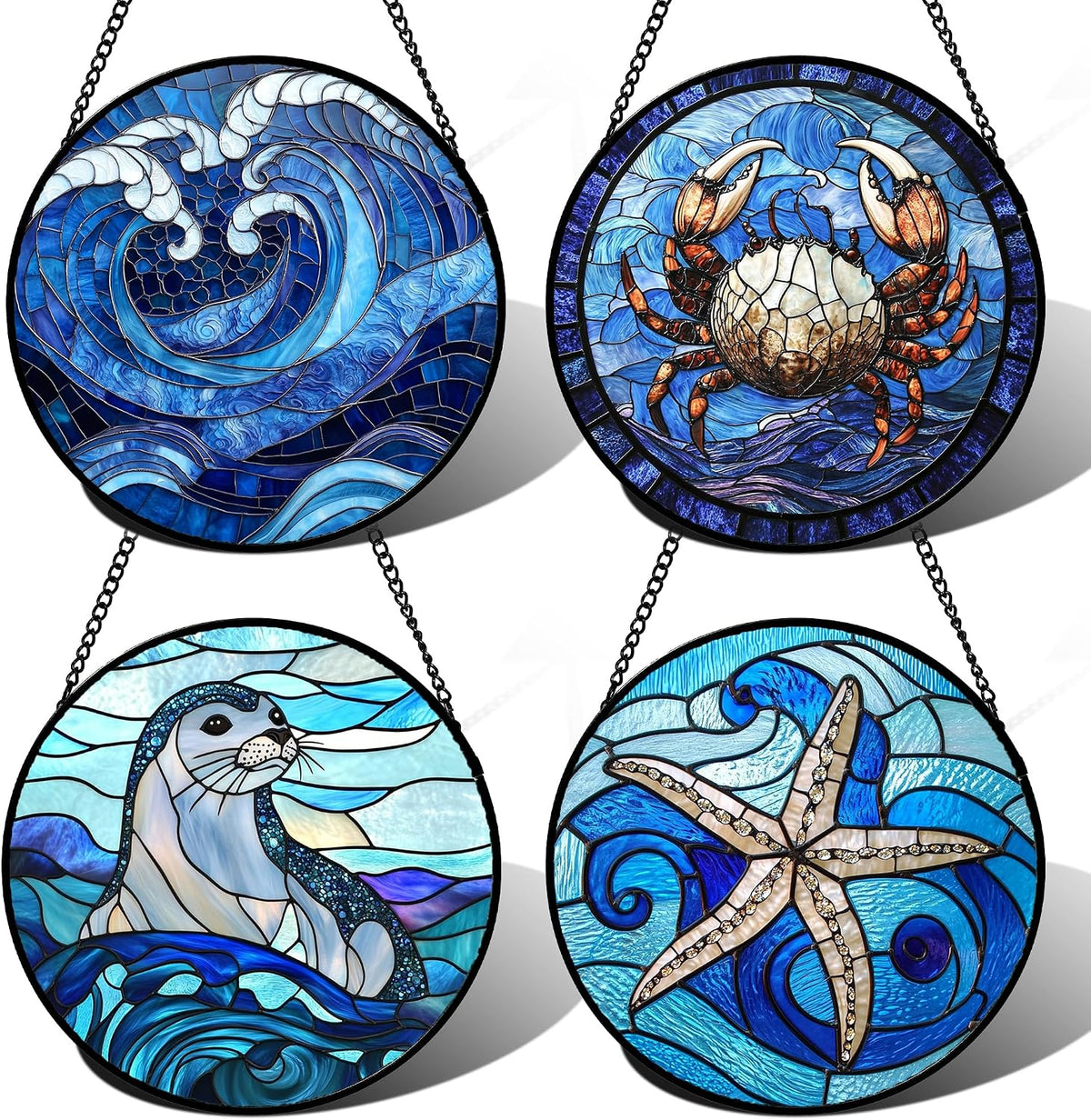 DASTOLL Stained Glass Window Hanging 4 Pcs Set Blue Ocean Waves 7.8"
