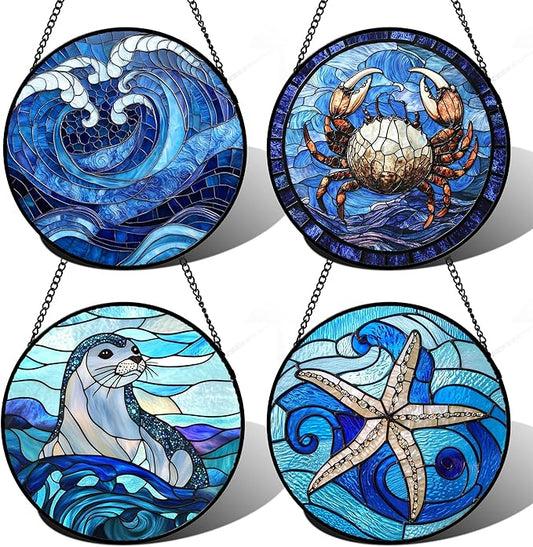 DASTOLL Stained Glass Window Hanging 4 Pcs Set Blue Ocean Waves Large 15" by DASTOLL