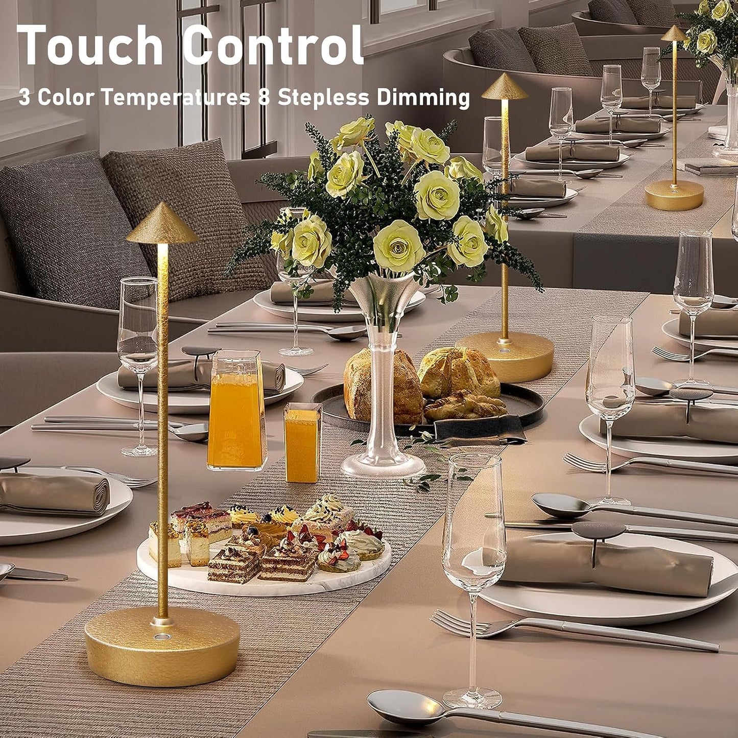 2P Cordless Rechargeable Led Table Lamp Battery Operated Light CHMP Gold | Ice Crackle Finish Champagne Gold Touch 3 Color Dimming Portable Metal Outdoor Waterproof Light for Patio/Restaurant/Dining