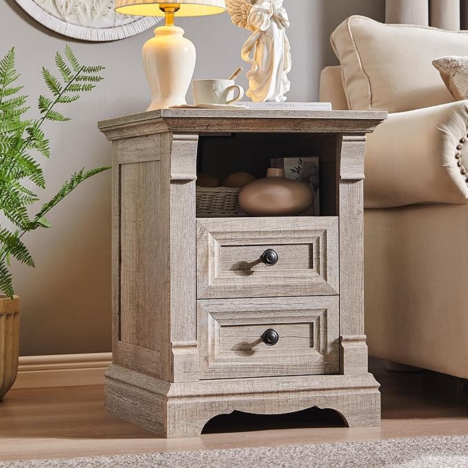 Farmhouse Nightstand with Charging Station, Wooden Side Table w/Roman Column by T4TREAMFurniture