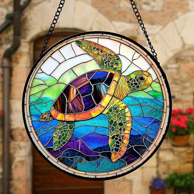 DASTOLL Stained Glass Window Hanging, Colored Turtle Ocean Suncatcher Diamond - Image 5