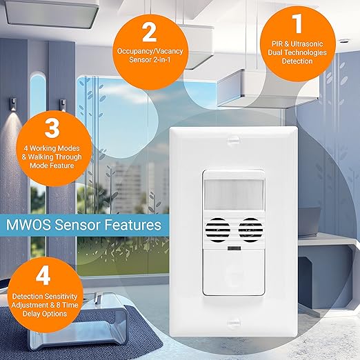 Enerlites MWOS-W Motion Sensor Switch, Ultrasonic and PIR Dual Technology - Image 8