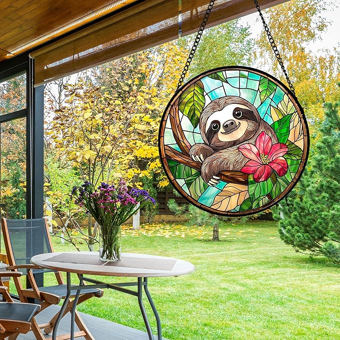 AMDERVEN Stained Glass Window Hanging, Cute Sloth Sun Catcher - Image 4