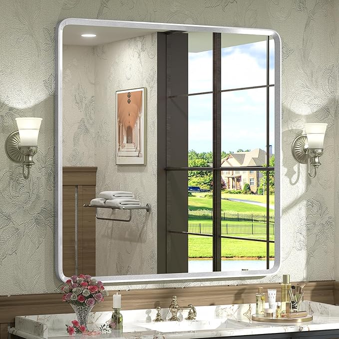 36x36 Square Silver Bathroom Mirror, Rounded Rectangle Bathroom Vanity Mirror by GOLOMO