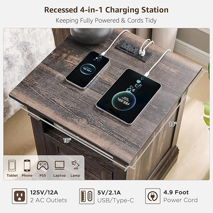 Farmhouse Nightstand with Charging Station, Wooden Sofa Side Table w/Roman - Image 4