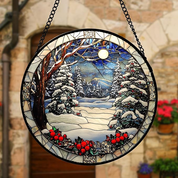 DASTOLL Stained Glass Window Hanging Christmas Tree Winter Snow Night Scenery - Image 2