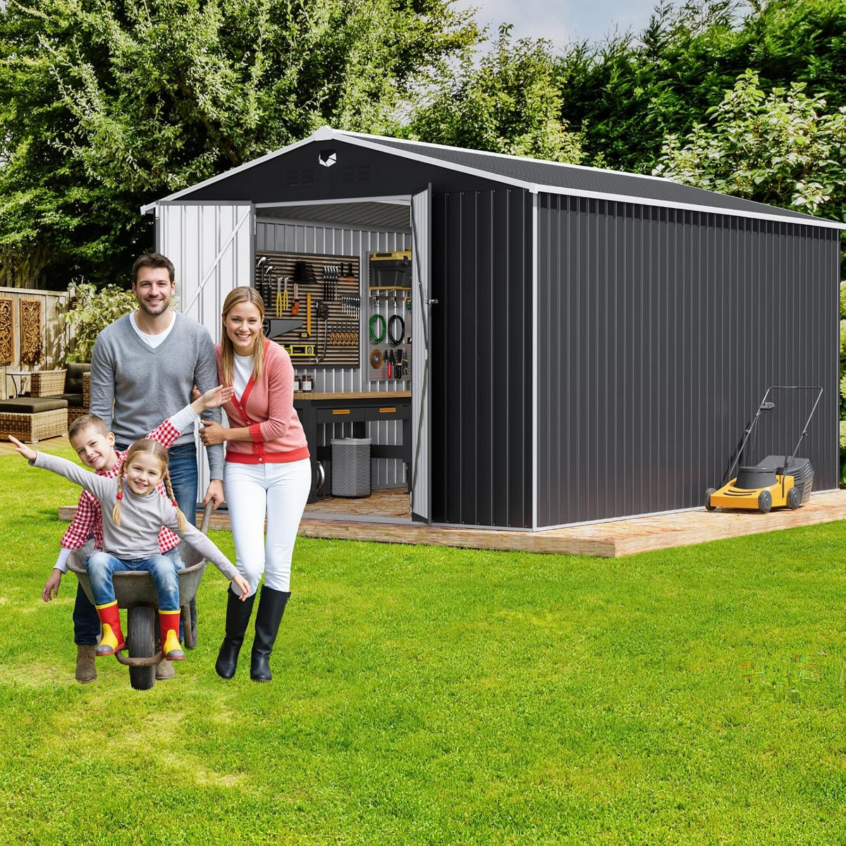 metal storage shed,outdoor storage building 10x14,large backyard sheds, front angle view