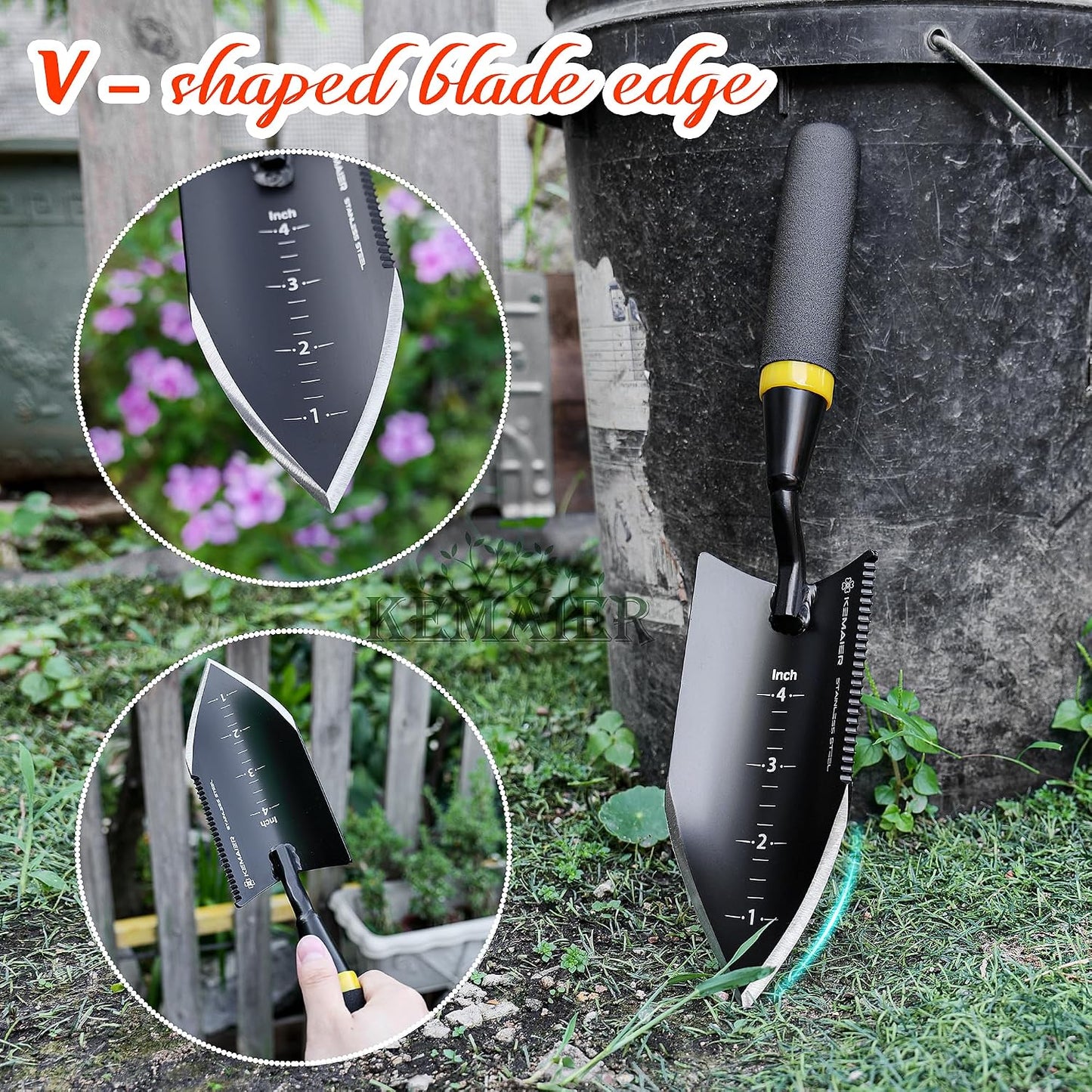Kemaier Heavy Duty Gardening Hand Trowel - Stainless Steel Tool | Sharp Weeding, Serrated Cutting, Measured Planting, The Shovel Pros Actually Rely On